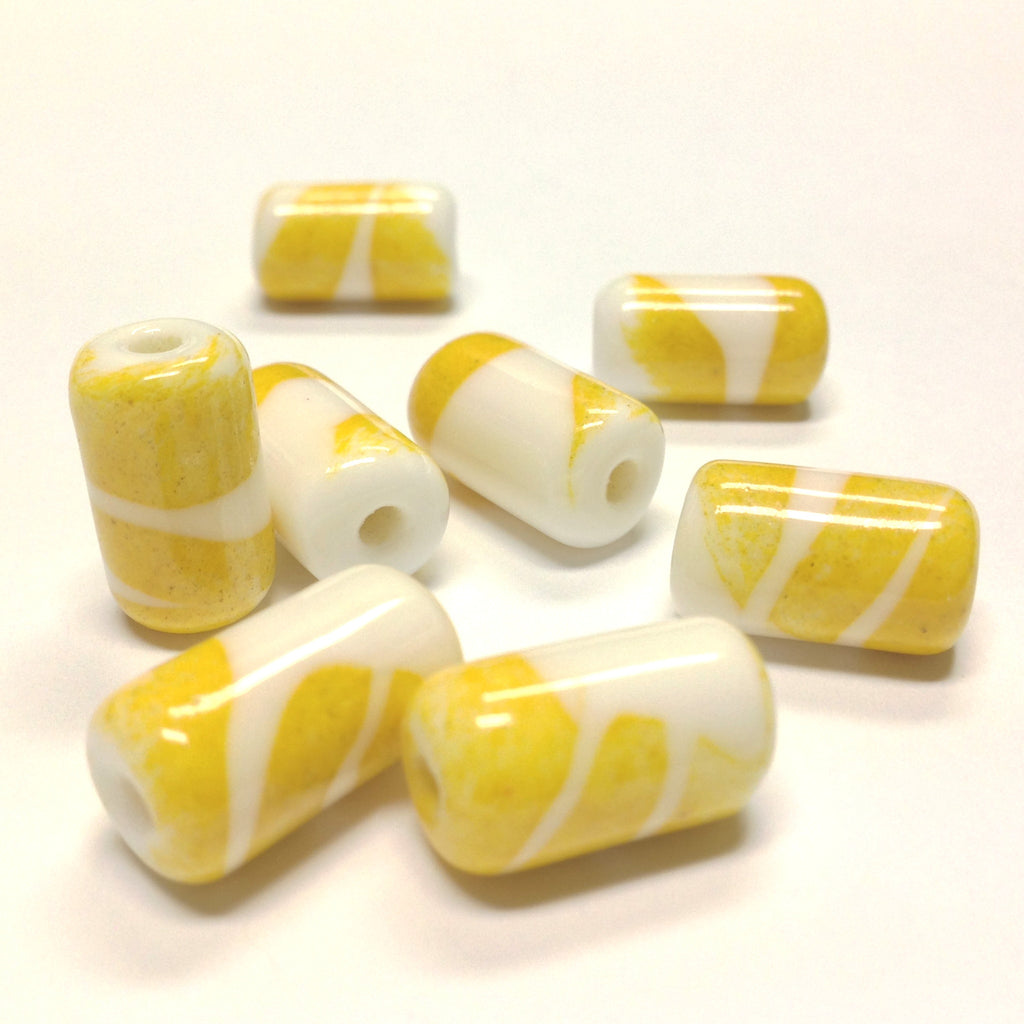 18X9MM Mustard w/White Ceramic Tube Bead (36 pieces)