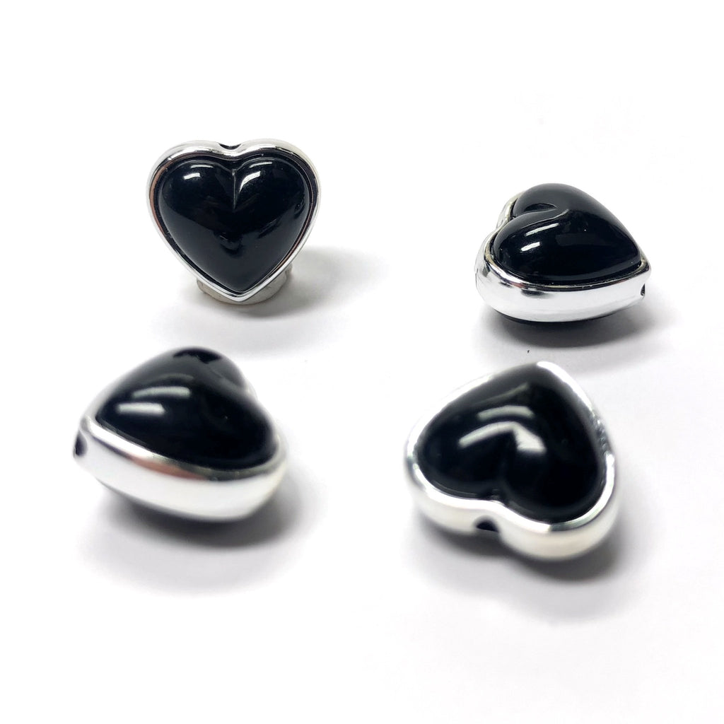 12MM Black Acrylic -Silver Rim Heart Bead (24 pieces)