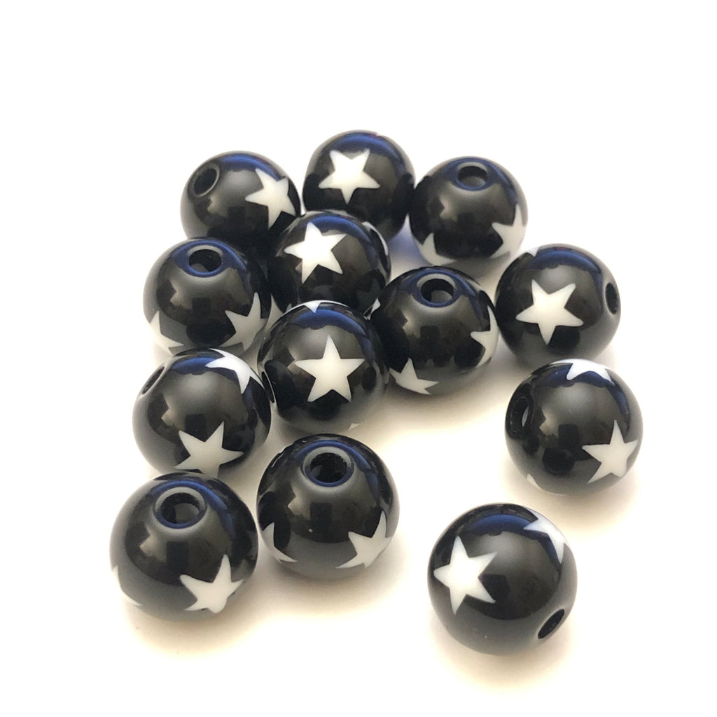 12MM Black Bead With White Stars (72 pieces)