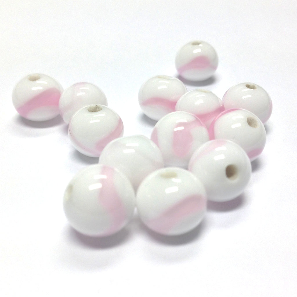 10MM White/Pink Glass Round Bead (36 pieces)