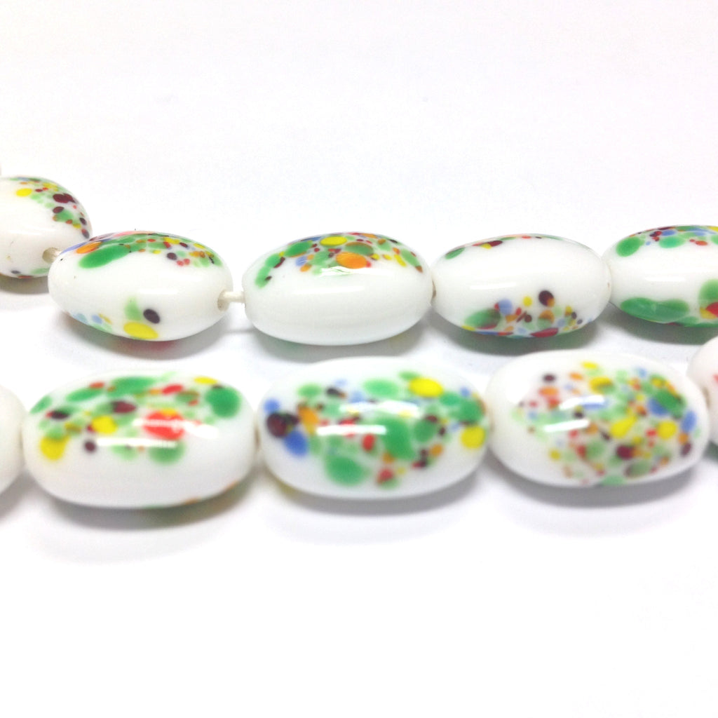 16X12MM Green/White Oval Glass Floral Bead (24 pieces)