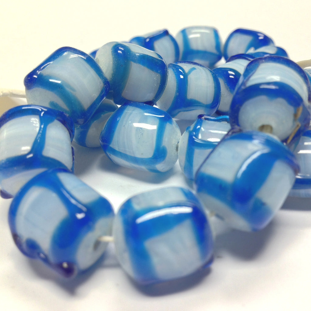 14X12MM Blue On White Opal Glass Barrel Bead (12 pieces)