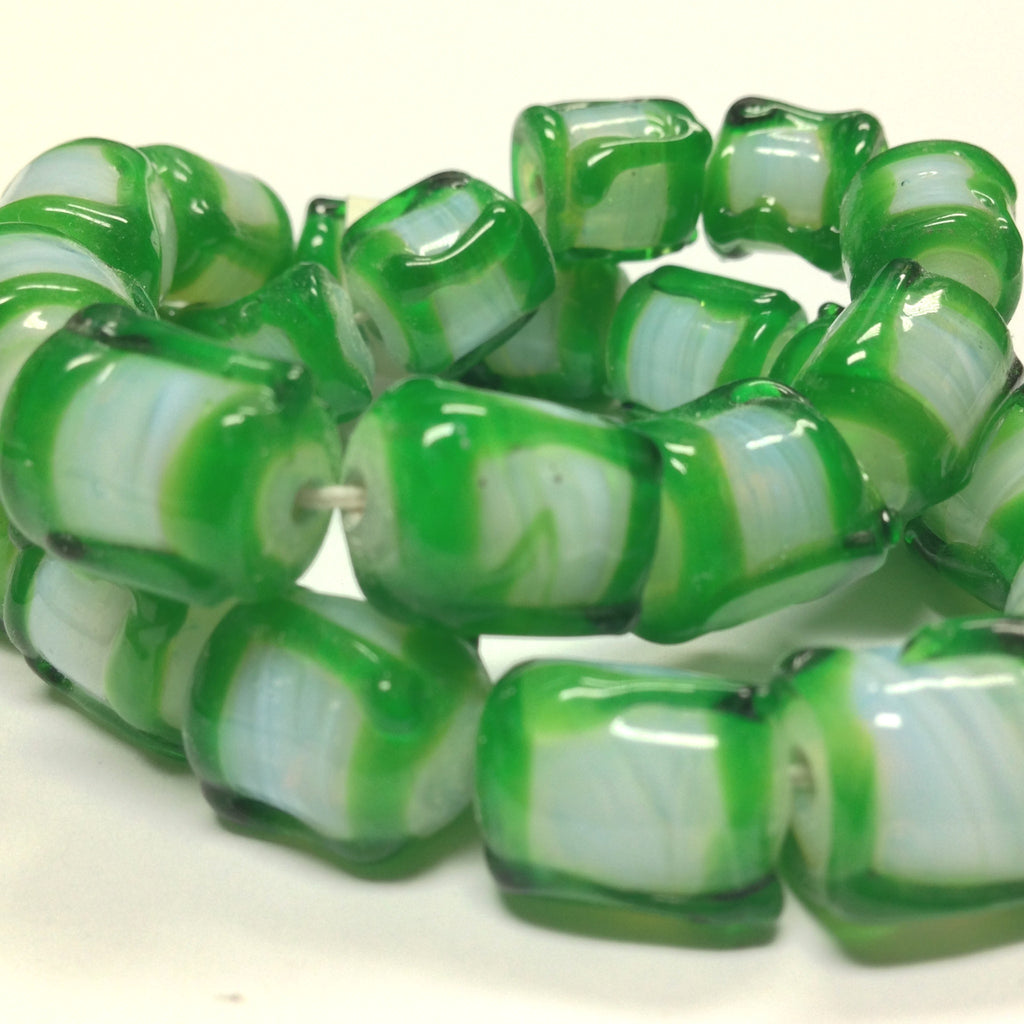 14X12MM Green On White Opal Glass Barrel Bead (12 pieces)