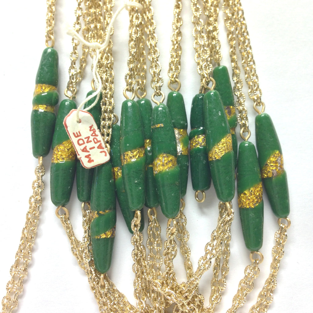 27MM Green/Gold Glass Oval Goldtone Beadchain (~10 Ft) (1 pieces)