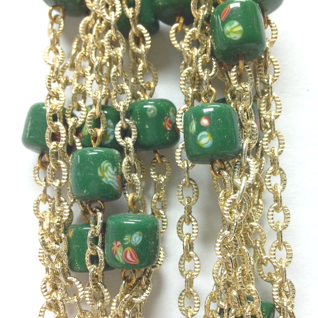 10MM Green Tombo Glass Barrel Goldtone Beadchain (~10 Ft) (1 pieces)