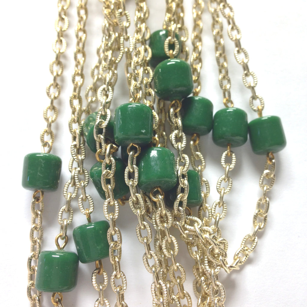 10MM Green Glass Goldtone Beadchain (~10 Ft) (1 pieces)