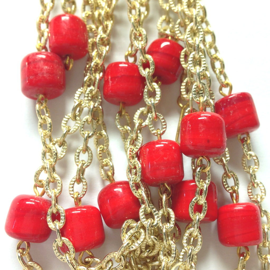 10MM Red Glass Goldtone Beadchain (~10 Ft) (1 pieces)