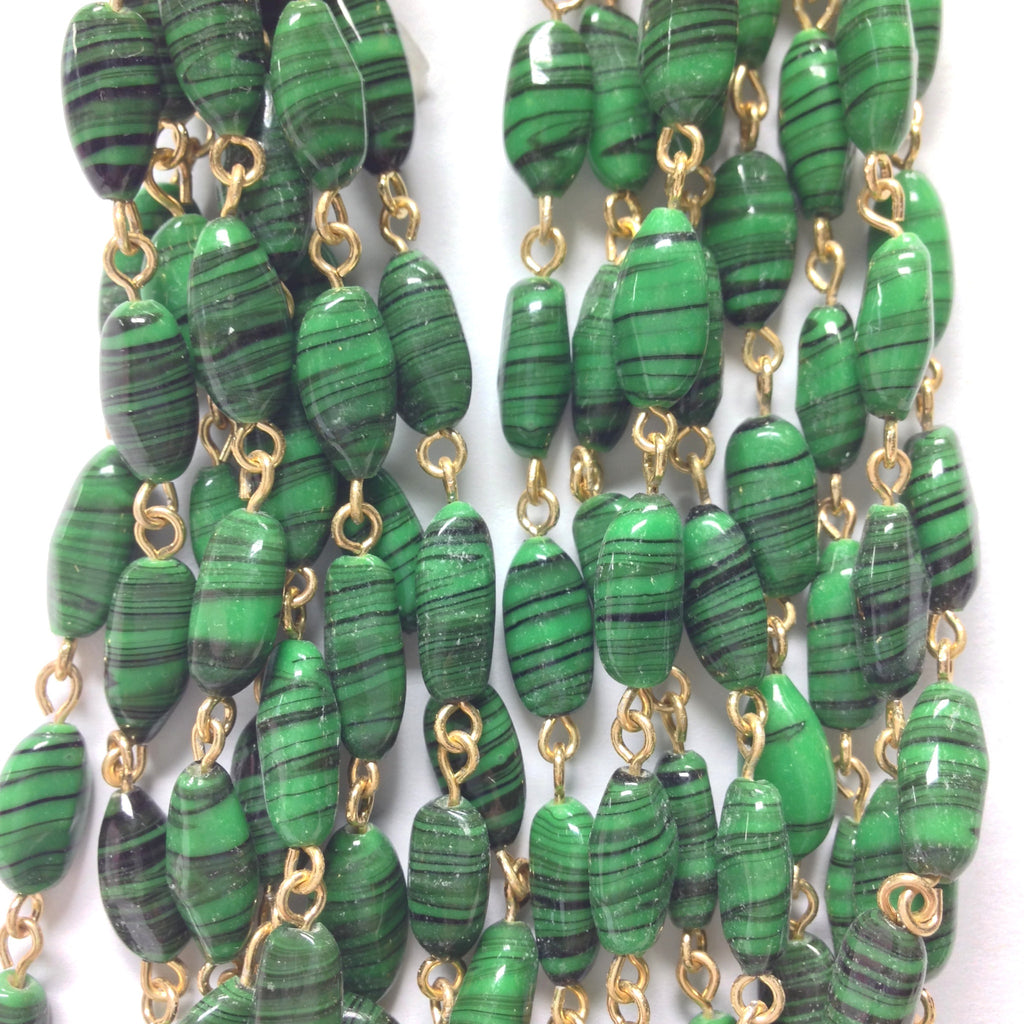 12X6MM Green Glass Oval Goldtone Beadchain (~10 Ft) (1 pieces)