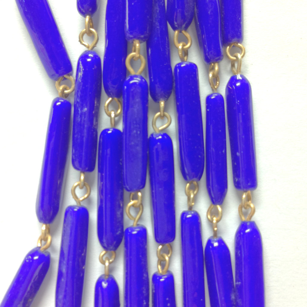 18X5MM Blue Glass Tube Goldtone Beadchain (~10 Ft) (1 pieces)
