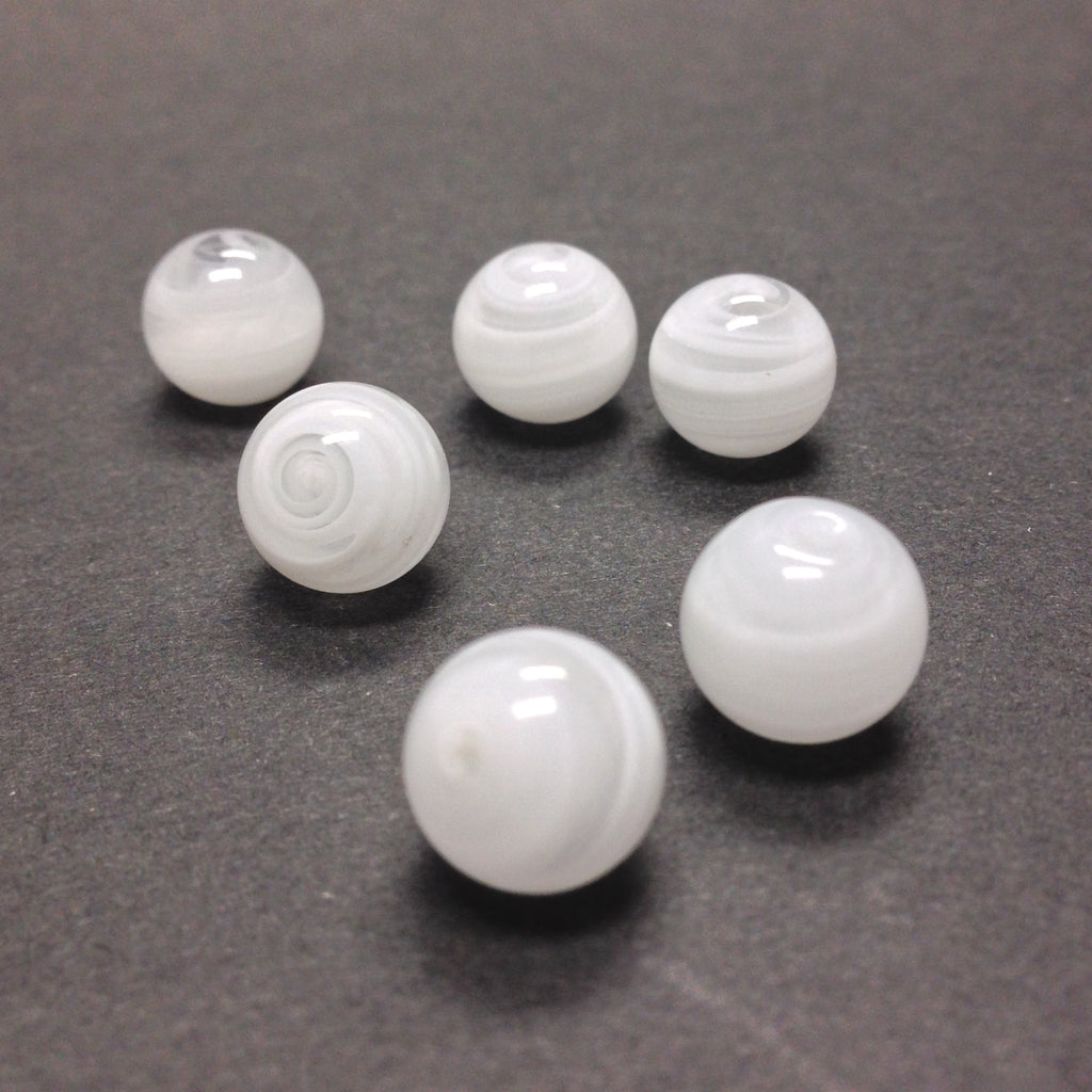 10MM White Swirl Glass Round 1-Hole Ball (36 pieces)