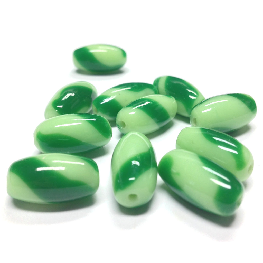 16X9MM Green Striped Glass Oval Bead (36 pieces)