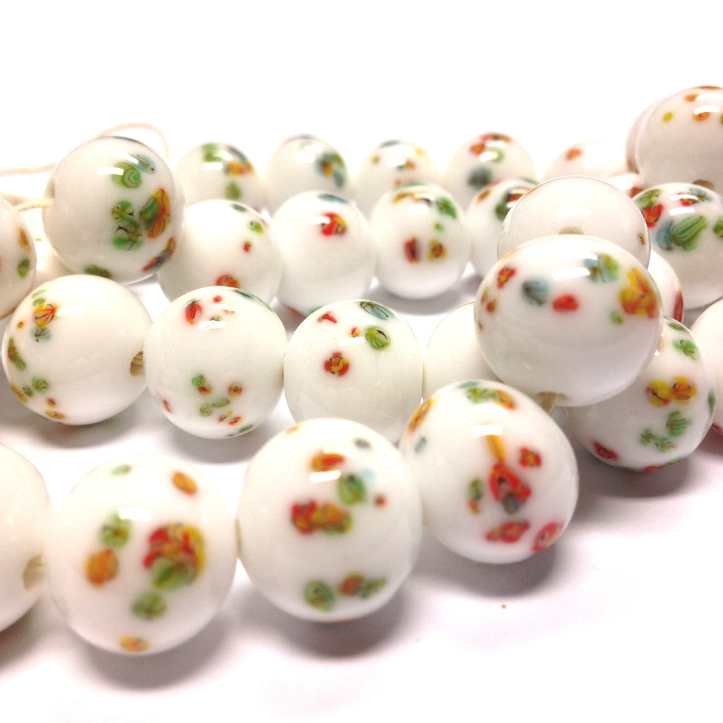 10MM White Floral Glass Round Bead (36 pieces)