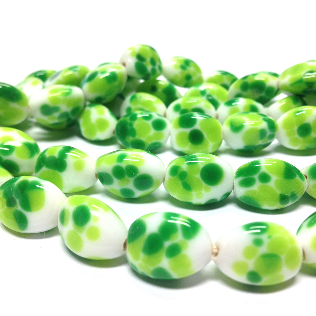 14X10MM White Glass w/Multi Green Spots Bead (36 pieces)