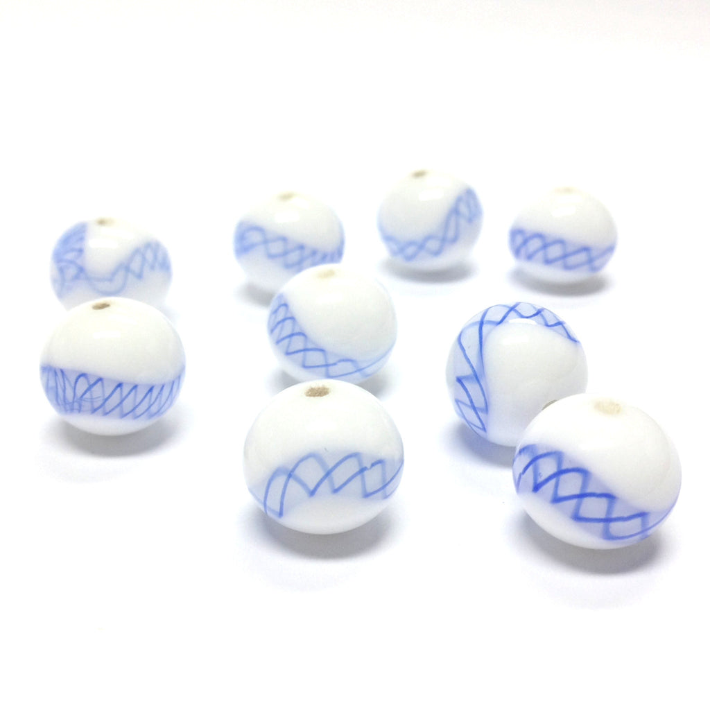 12MM White/Blue Pattern Glass Round Bead (36 pieces)