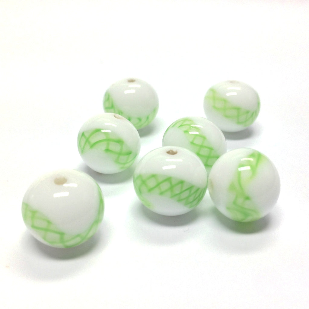 12MM White/Green Pattern Glass Round Bead (36 pieces)