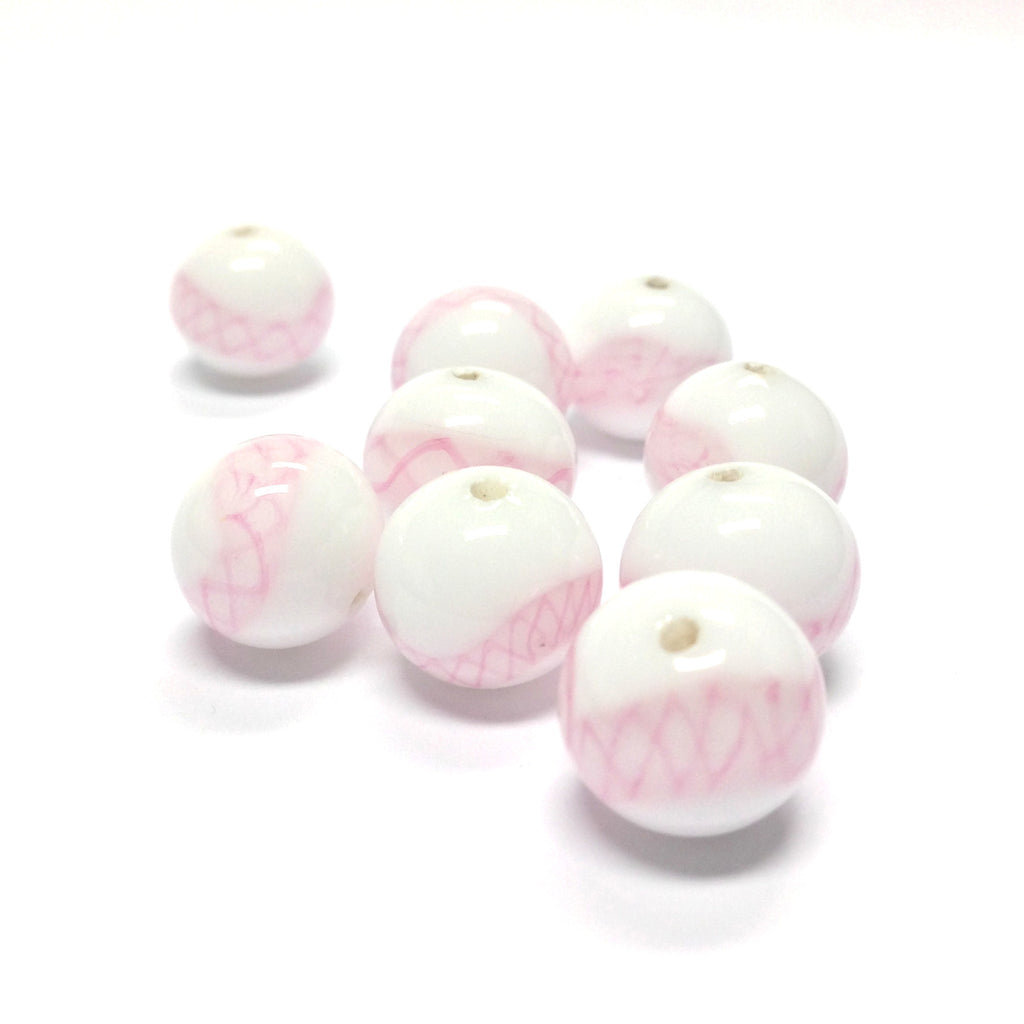 12MM White/Pink Pattern Glass Round Bead (36 pieces)