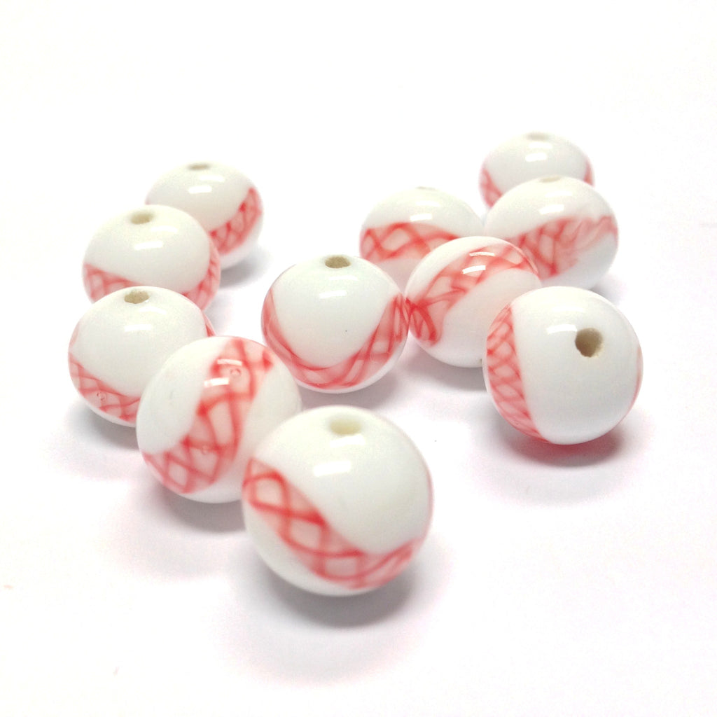 12MM White/Red Pattern Glass Round Bead (36 pieces)