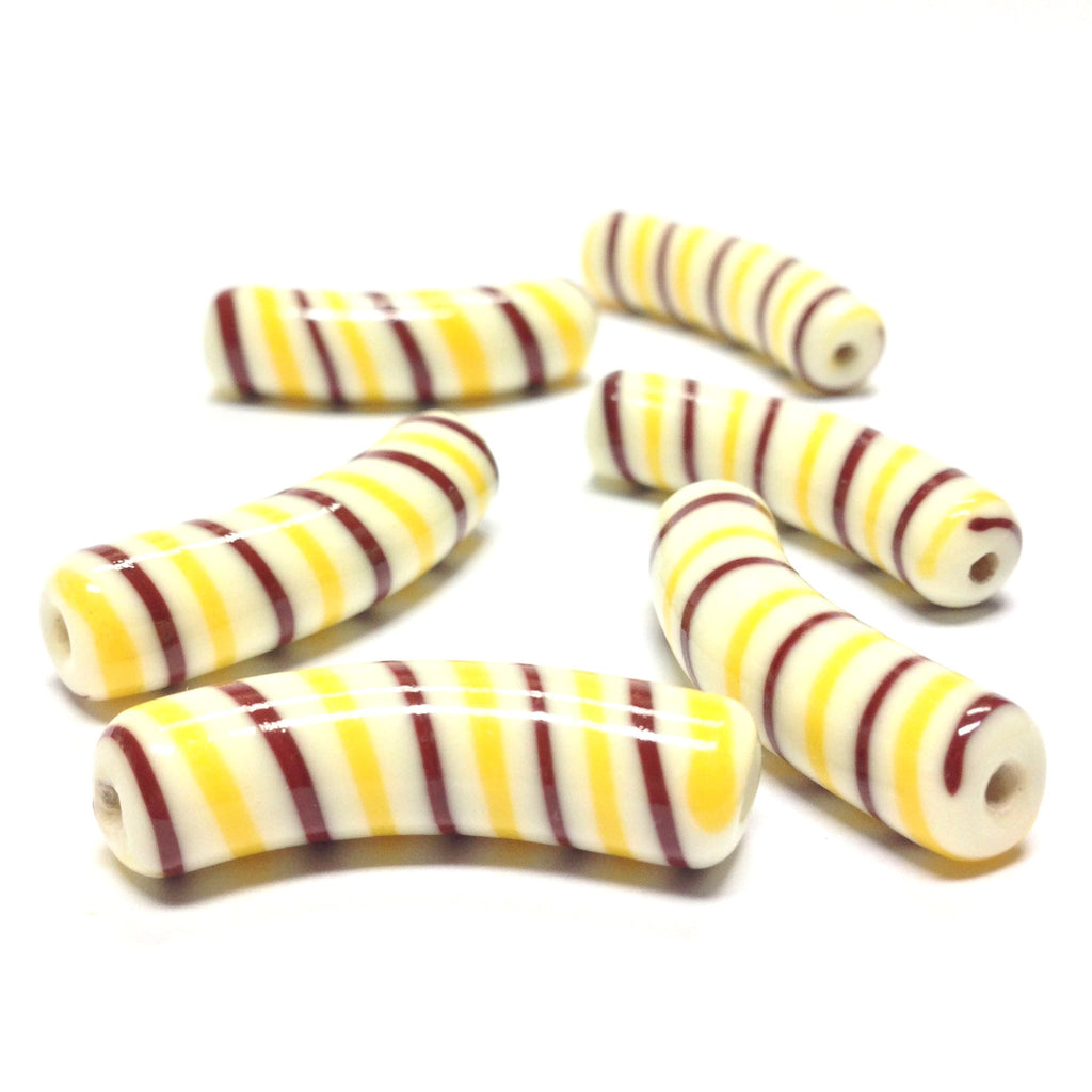 30X8MM Ylw/Brn/Wht Stripe Macaroni Bead (12 pieces)