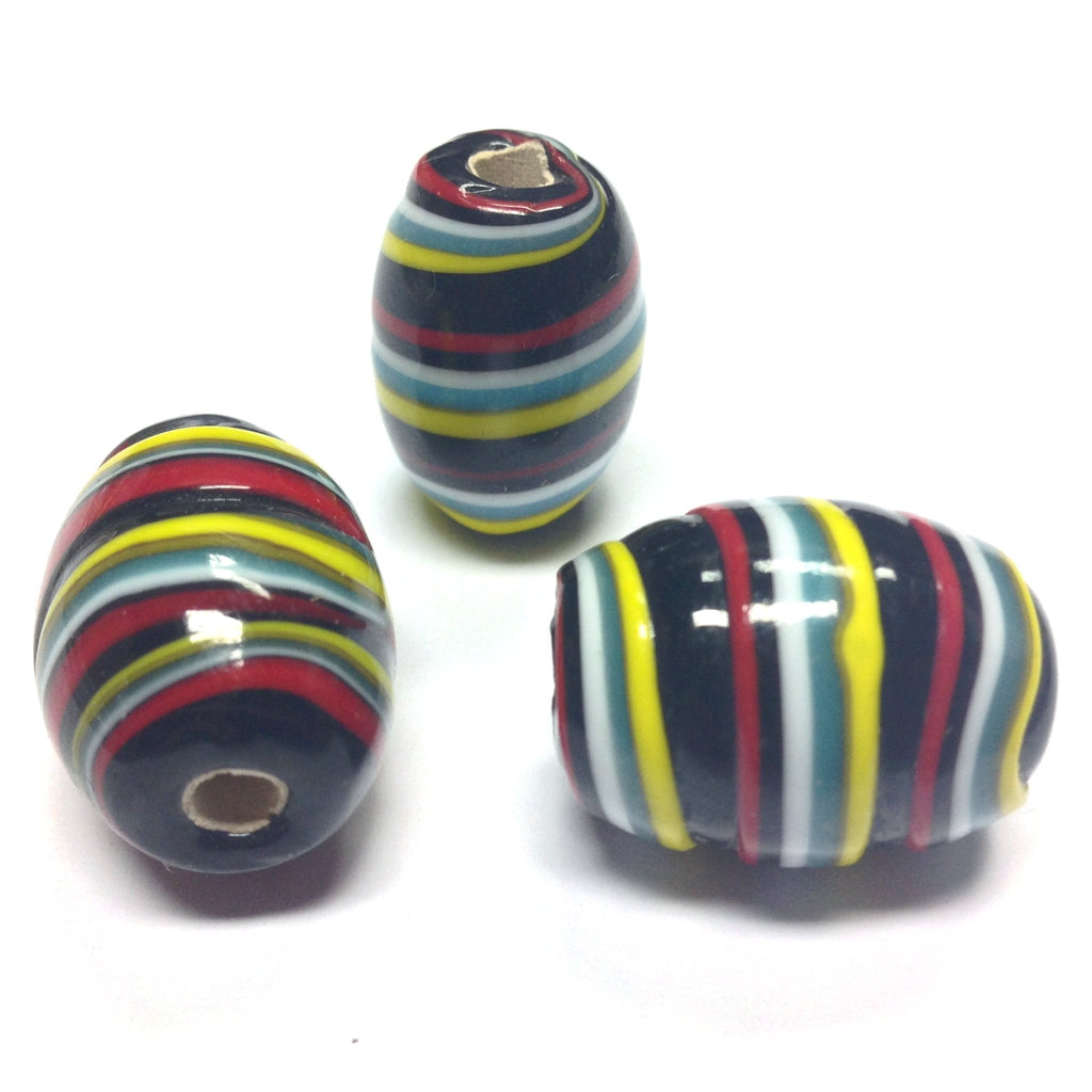 24X18MM Black Multicolor Striped Glass Oval Bead (6 pieces)