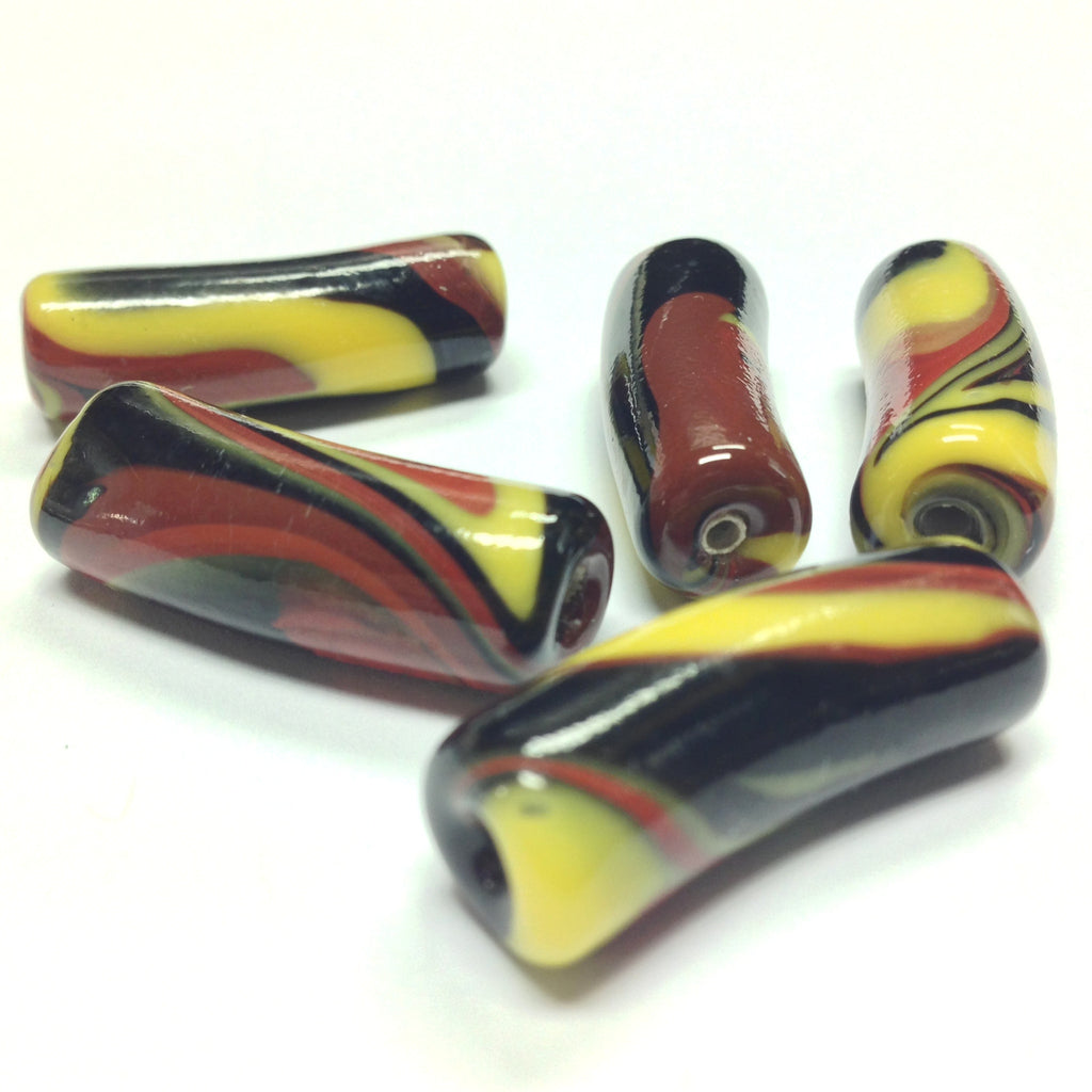 28X10MM Yellow/Rust/Black Swirl Tube Beads (12 pieces)