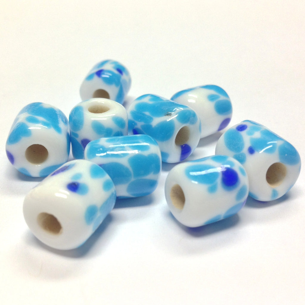 14X11MM White Glass w/Blue Spots Tube Bead 4MM Hole (36 pieces)