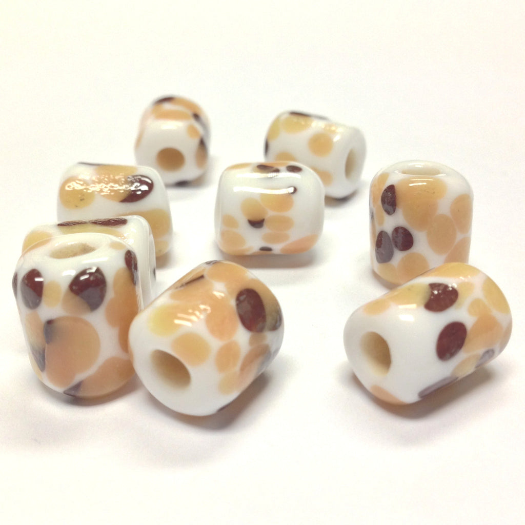 14X11MM White Glass w/Brown Spots Tube Bead 4MM Hole (36 pieces)