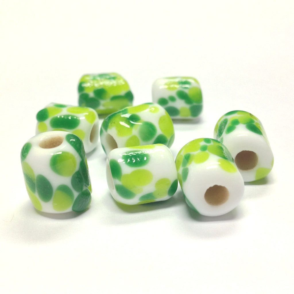 14X11MM White Glass w/Green Spots Tube Bead 4MM Hole (36 pieces)