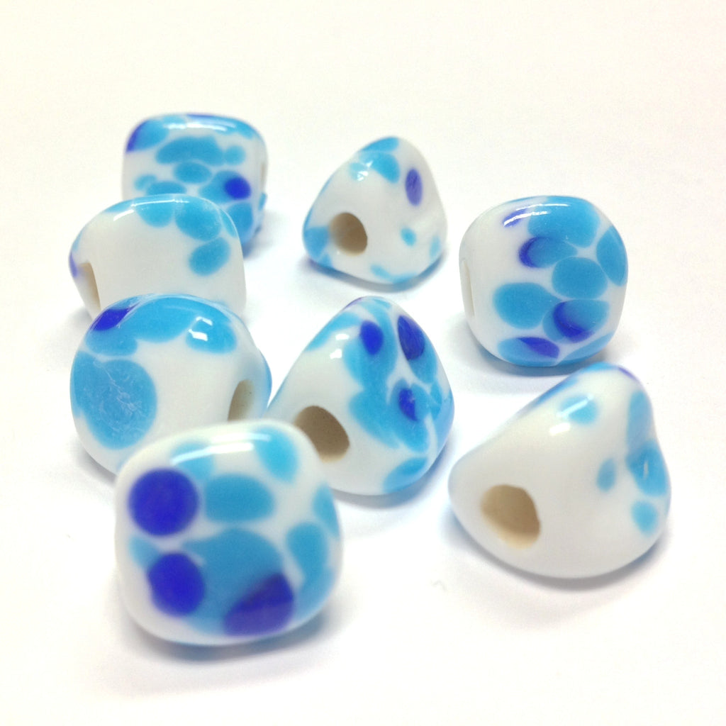 13MM White Glass w/Blue Spots 3-Sided Bead 4MM Hole (36 pieces)