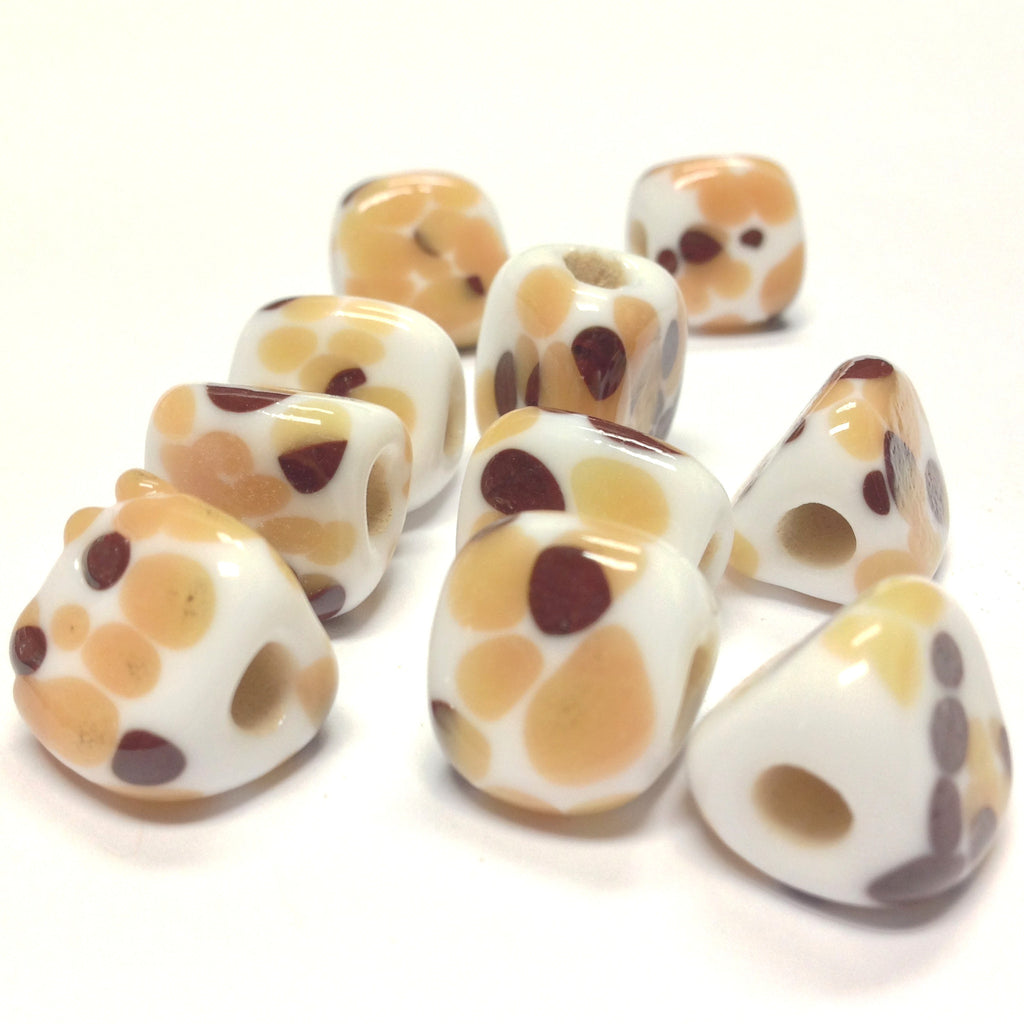 13MM White Glass w/Brown Spots 3-Sided Bead 4MM Hole (36 pieces)