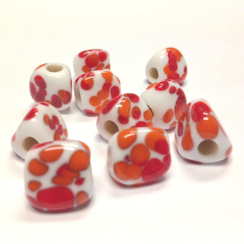 13MM White Glass w/Orange Spots 3-Sided Bead 4MM Hole (36 pieces)