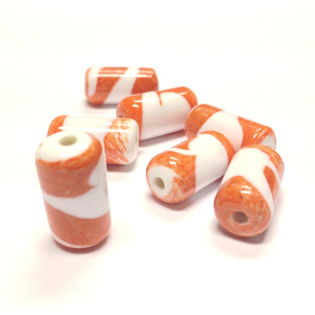 18X9MM Orange w/White Ceramic Tube Bead (36 pieces)