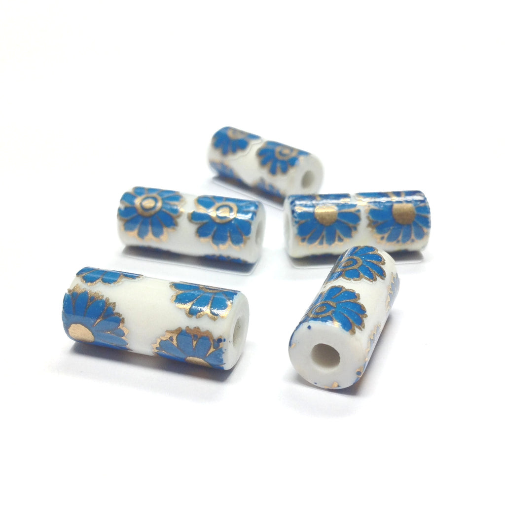 18X8MM White Ceramic Tube Bead w/Blue Flower Decal (36 pieces)