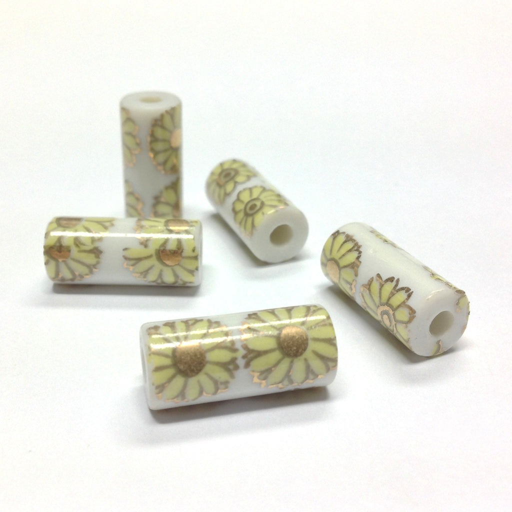 18X8MM White Ceramic Tube Bead w/Yellow Flower Decal (36 pieces)