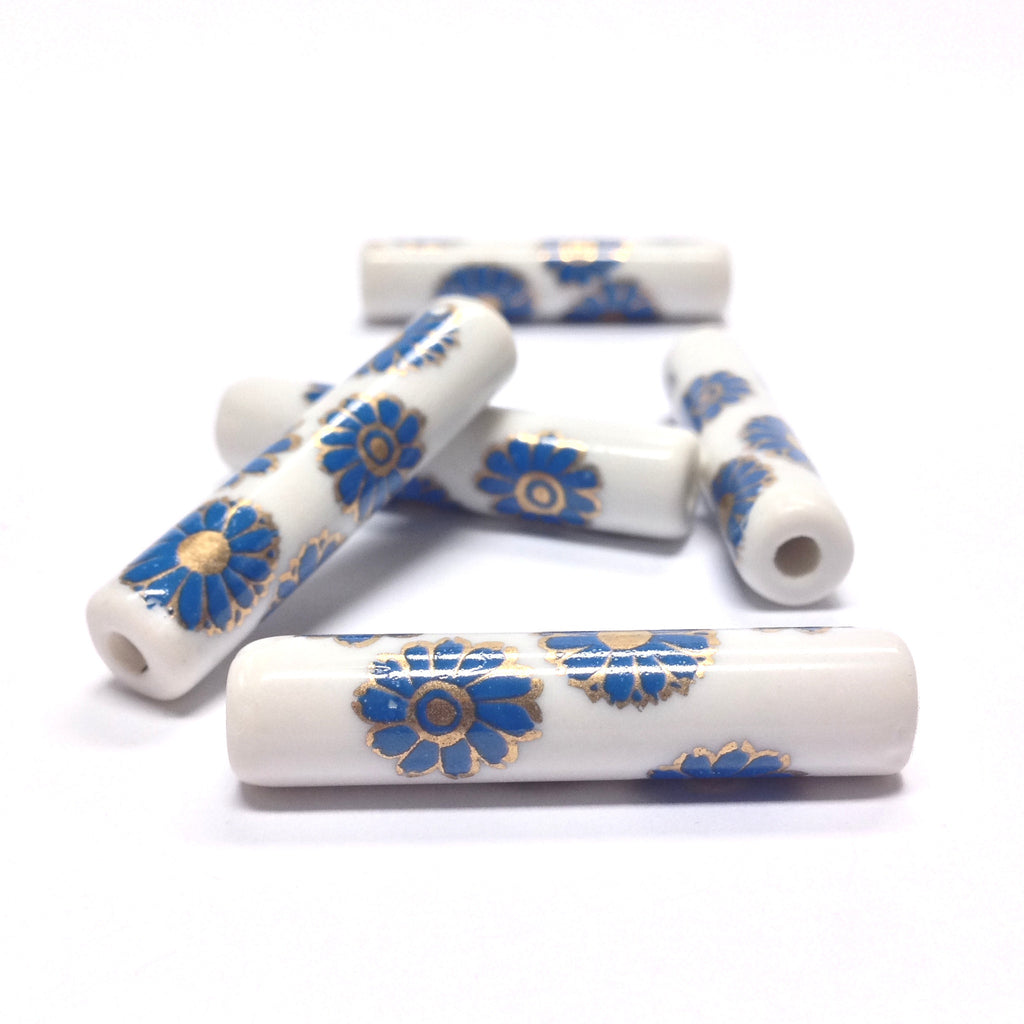 36X8MM White Ceramic Tube Bead w/Blue Flower Decal (36 pieces)