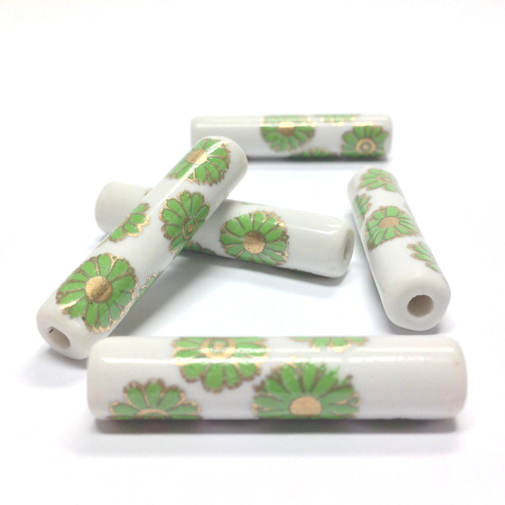 36X8MM White Ceramic Tube Bead w/Green Flower Decal (36 pieces)