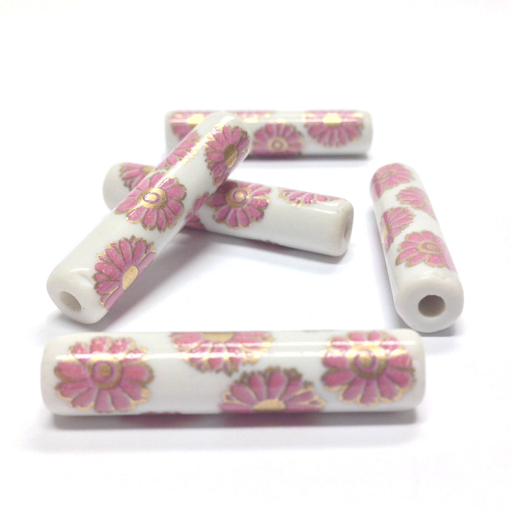 36X8MM White Ceramic Tube Bead w/Pink Flower Decal (35 pieces)