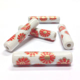 36X8MM White Ceramic Tube Bead w/Red Flower Decal (36 pieces)