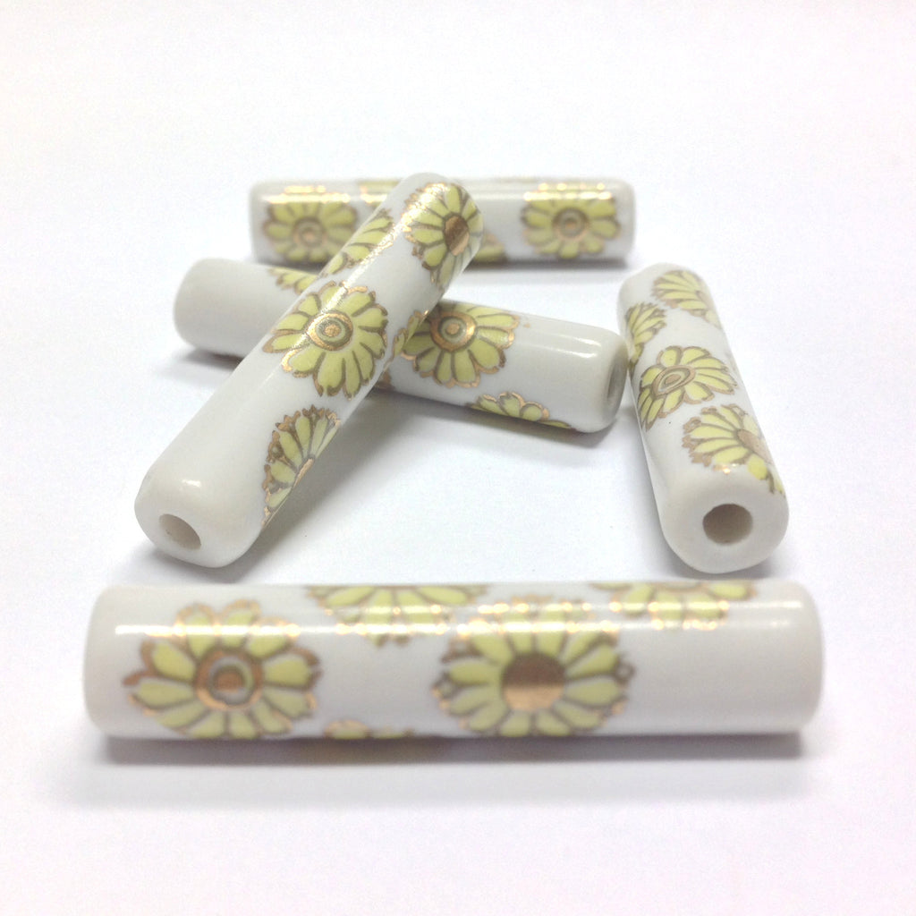 36X8MM White Ceramic Tube Bead w/Yellow Flower Decal (36 pieces)