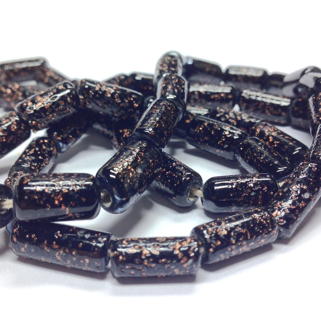 6X12MM Black With Gold Fleck Glass Tube Bead (72 pieces)