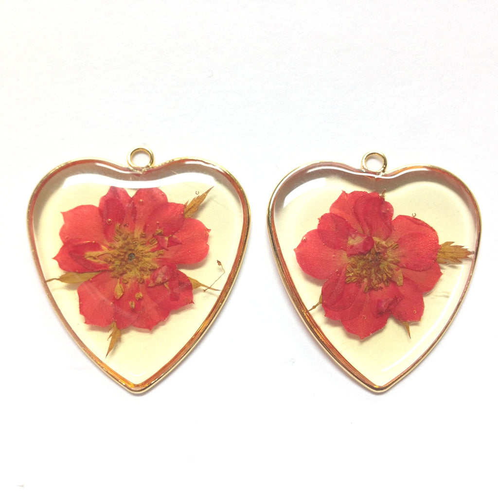 Red Resin Flower Heart Drop (2 pieces)