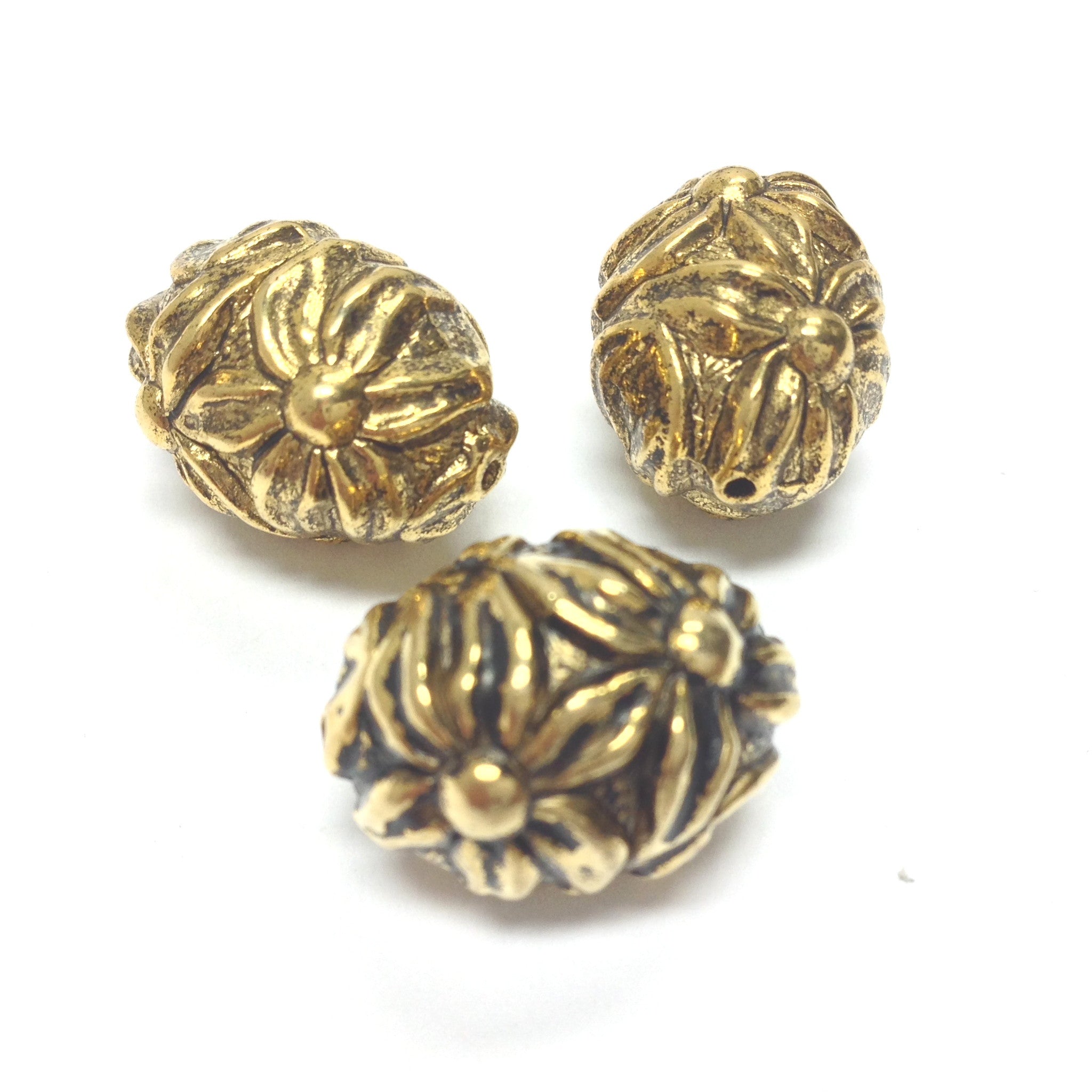 18X13MM Ant.Ham.Gold Flower Oval Bead (24 pieces)