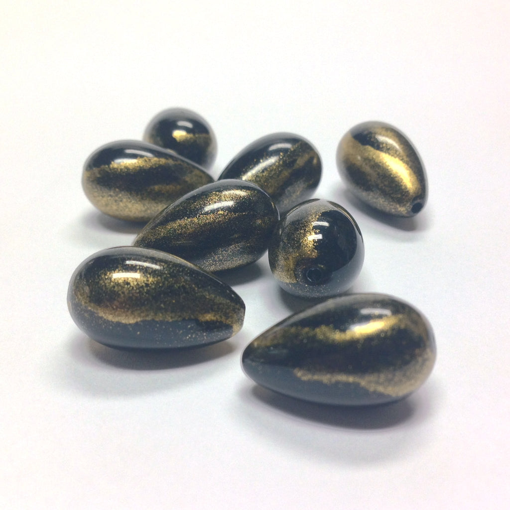 7X11MM Black/Gold "Striate" Pear Beads (36 pieces)
