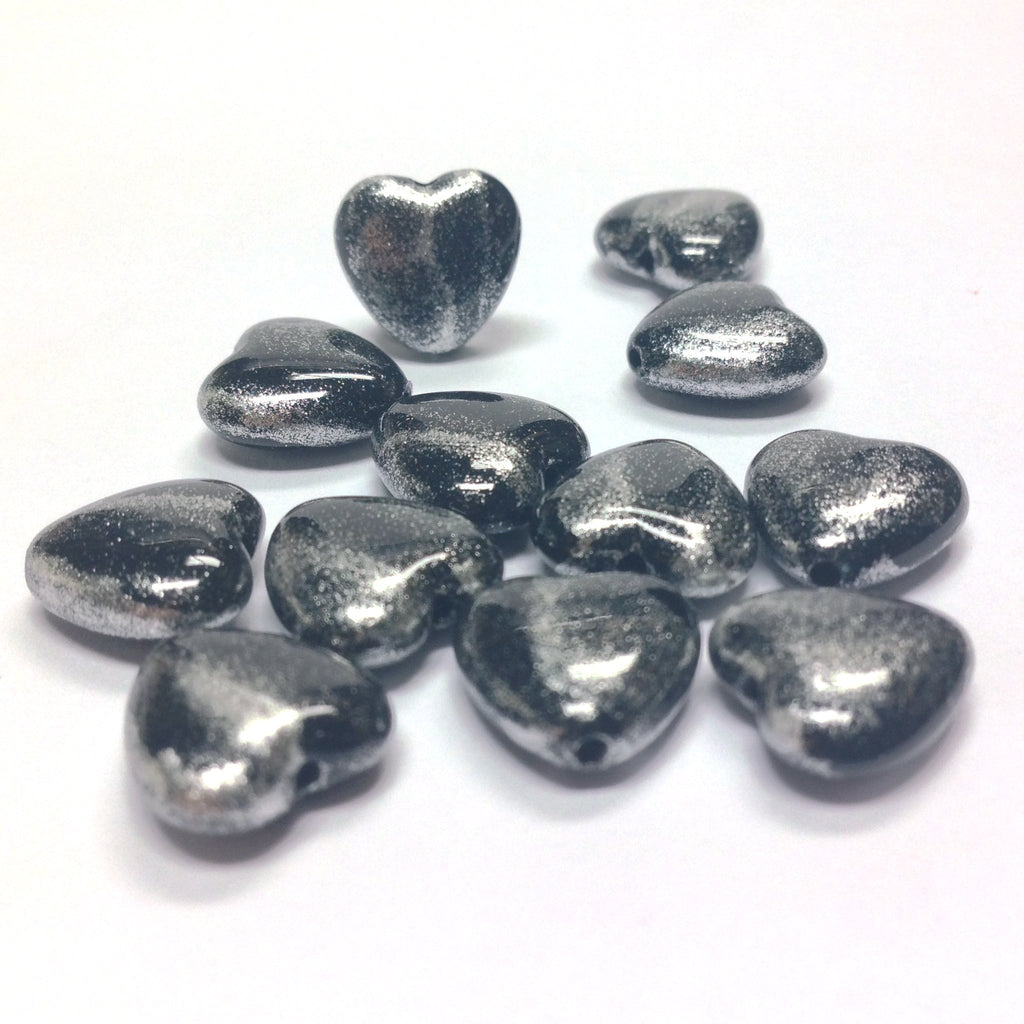 11MM Black/Silver "Striate" Heart Beads (36 pieces)